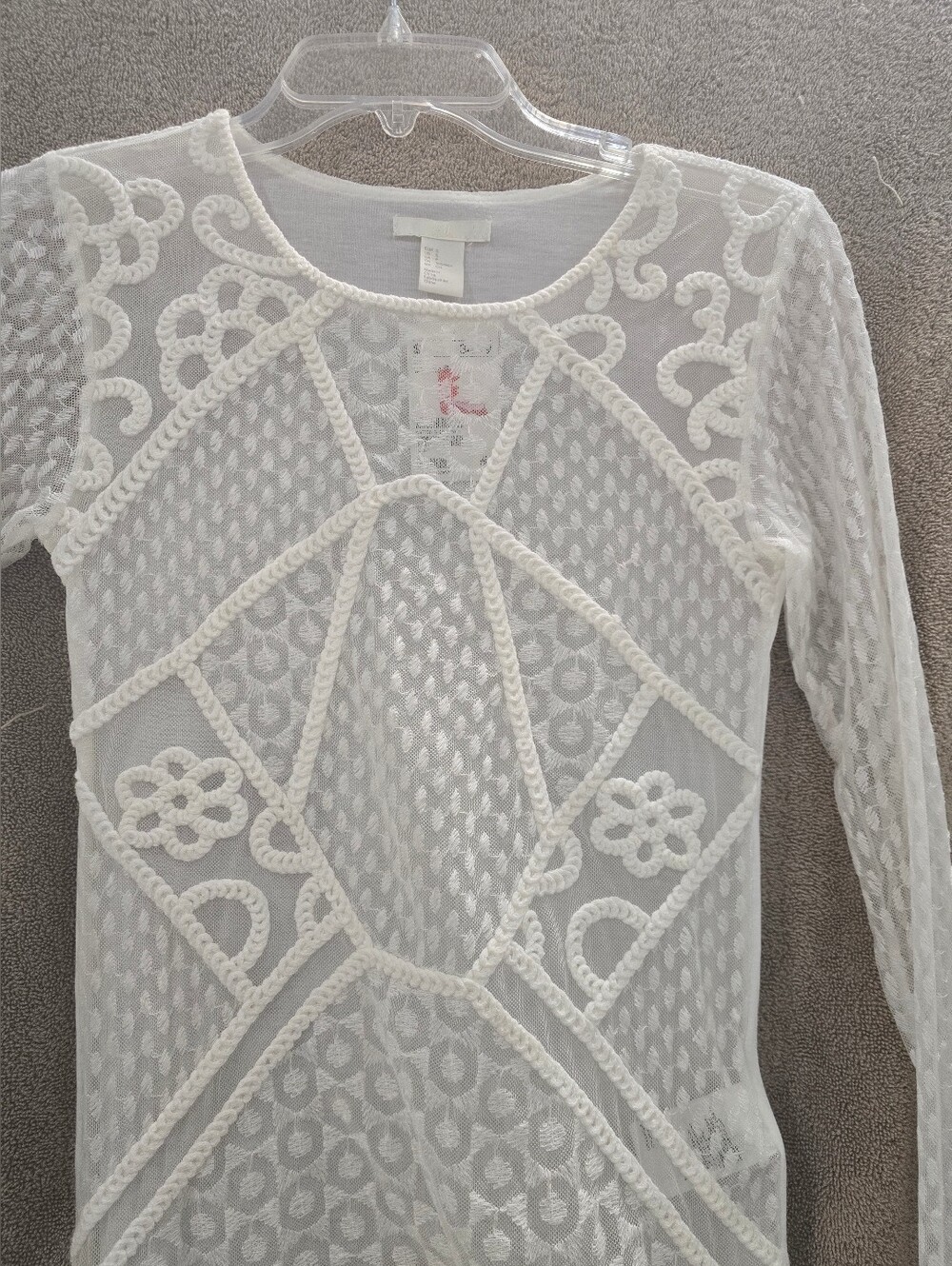 H&M Women’s White Sheer Embroidered Lace Long Sleeves Top, lightweight Sz:S, NWT